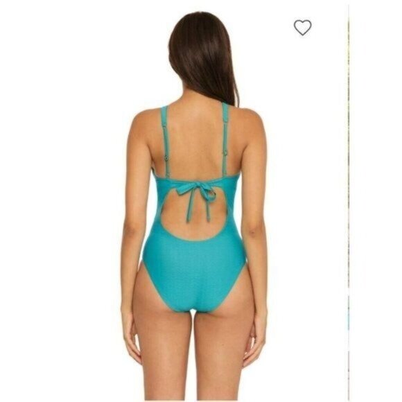 BECCA One-Piece Swimsuit M High Neck Plunge Cut Out Gulf Blue Vibes Tessa - Picture 2 of 8